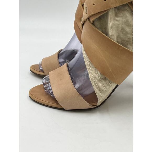 CHLOE Strap Leather Canvas Gladiator High Heel Brown Beige Sandal Sz 36/5.5 - Picture 4 of 10